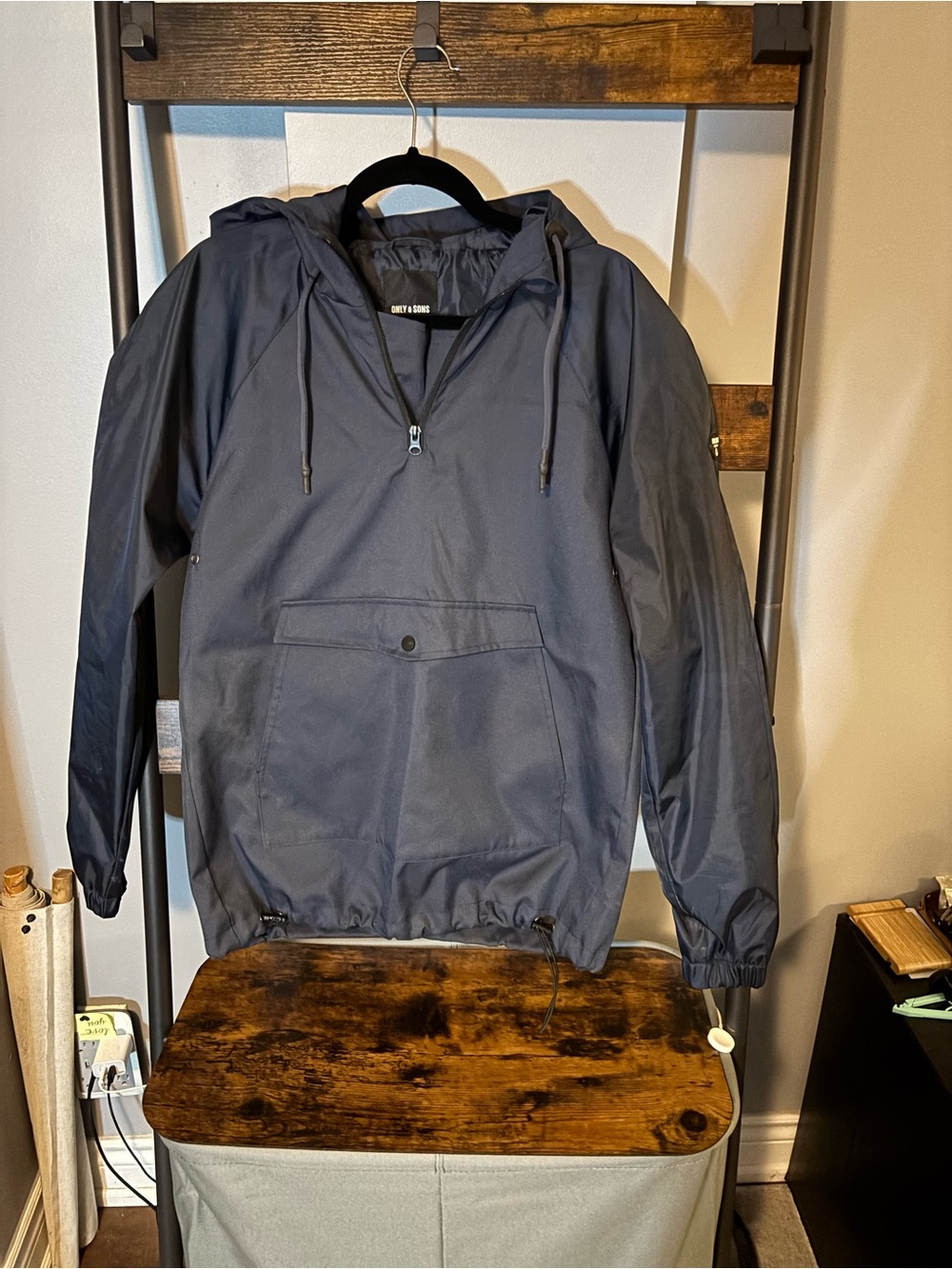 ONLY & SONS Navy Hooded Windbreaker Pullover Starter Jacket